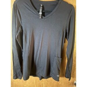 N.Y.L. Womens Black V-Neck Long Sleeve Active Top with Pocket Thumbholes Small